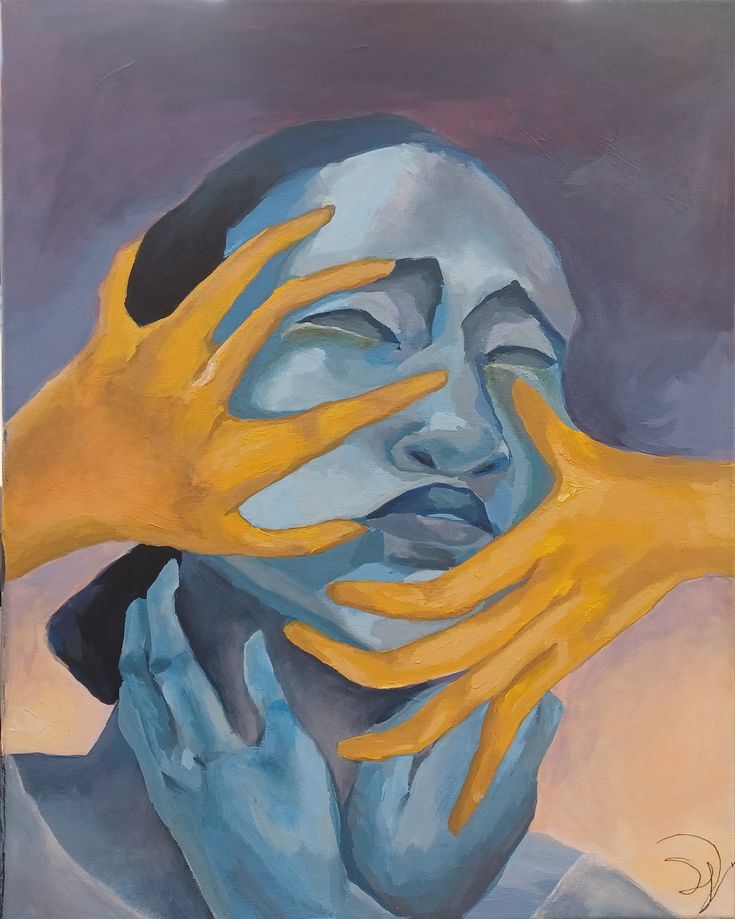 a painting of two hands covering the face of a woman