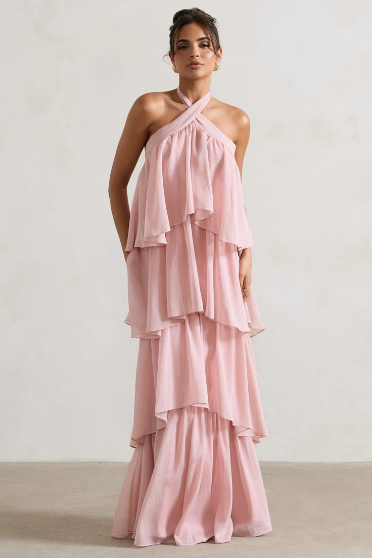 Kassiah Light Pink Halter-Neck Ruffle Maxi Dress – Club L London - USA Pink Flowy Tiered Skirt Dress, Elegant Pink Maxi Dress With Ruffled Skirt, Pink Summer Maxi Dress For Wedding Guest, Spring Bridesmaid Maxi Dress With Tiered Skirt, Feminine Ruffle Hem Maxi Dress For Bridesmaids, Elegant Pink Tiered Maxi Dress, Elegant Pink Ruffle Dress With Tiered Skirt, Tiered Ruffle Bridesmaid Maxi Dress, Tiered Ruffle Maxi Dress For Bridesmaids