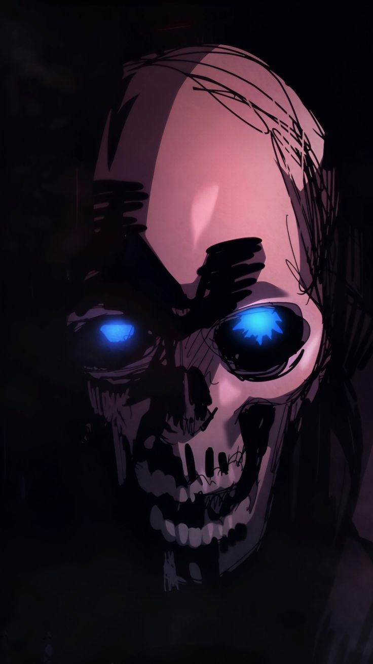 a skeleton with glowing blue eyes is shown in the dark, and appears to be looking at something