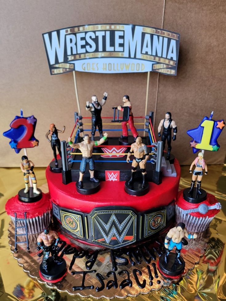 WWE WrestleMania Birthday Cake. WrestleMania 39. WrestleMania goes Hollywood! #JohnCena. #WWE #WWESuperstars. #21stBirthdayCake #Wrestlers. #Wrestling John Cena Cake Ideas, 40th Birthday Wrestling Theme, John Cena Birthday Cake, Wwe Birthday Cakes For Boys, Wrestlemania Birthday Party, Wwe Birthday Party Ideas Cake, Wwe Theme Party, Diy Wwe Birthday Party Ideas, Wwe Birthday Party Ideas Decoration