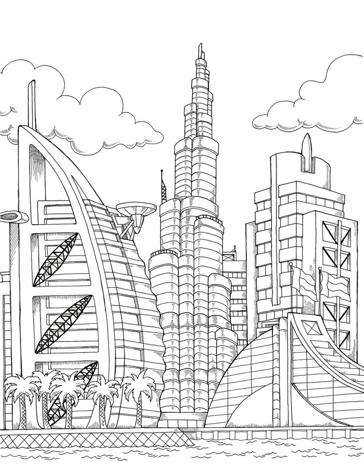 a black and white drawing of a cityscape with skyscrapers in the background