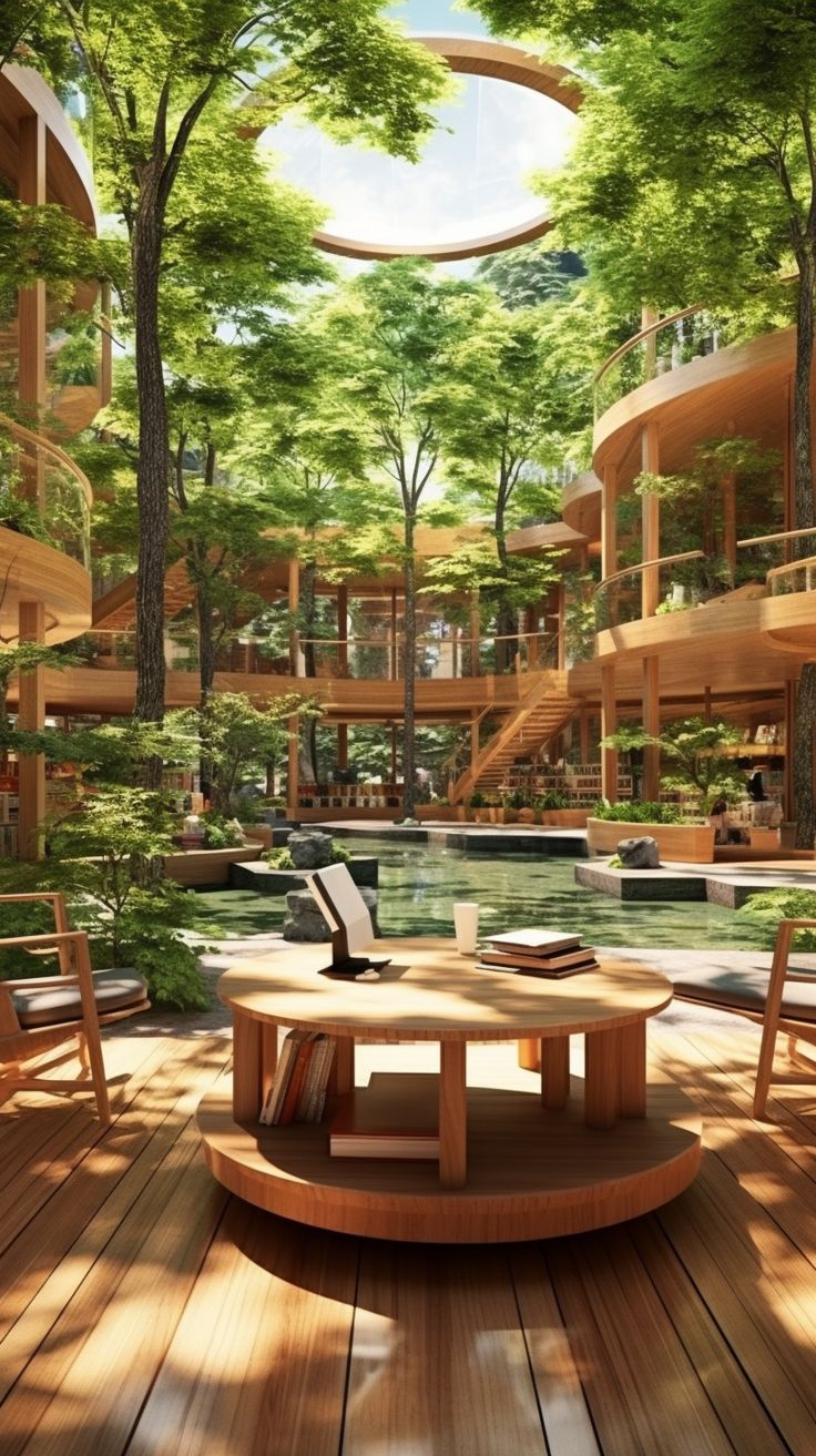 an artist's rendering of the interior of a modern building with trees and water