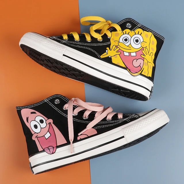 Spongebob Canvas, 3d Spongebob, Boty Converse, Pink Shoelaces, Shoes Cartoon, Cosplay Couple, Casual Tennis Shoes, Autumn Essentials, Custom Sneakers Diy