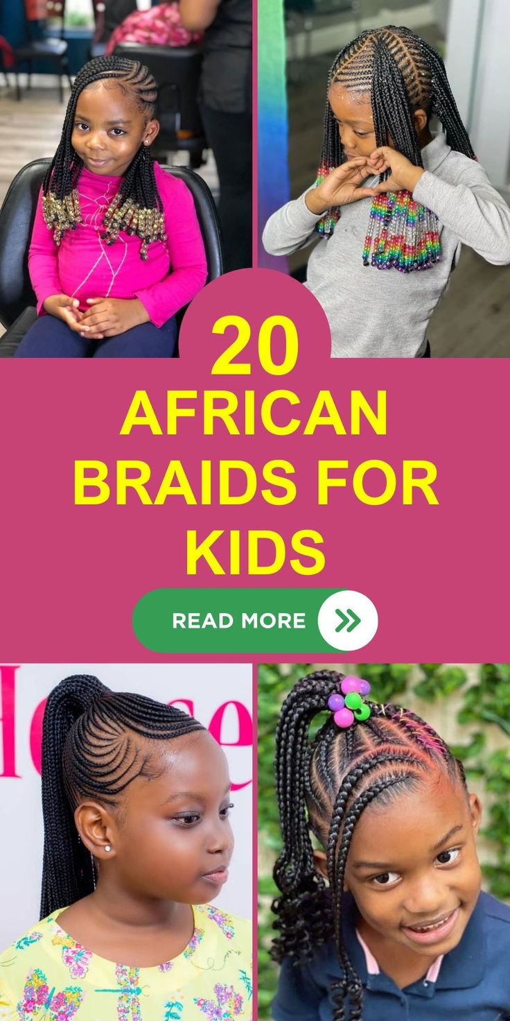 African braids for kids offer a stunning array of hair braiding styles that beautifully blend traditional techniques with American influences. These hairstyles for children, adorned with elements like American beads or fashioned into a ponytail, showcase the diversity and beauty of American natural hair. Each braid tells a story, connecting past and present. Beaded Hair Braids, Hairstyles For Children, Classic Ponytail, Childrens Hairstyles, Cornrow Ponytail, Kid Braid Styles, Hair Braiding Styles, Braided Hairstyles For Kids, Hairstyles 2024