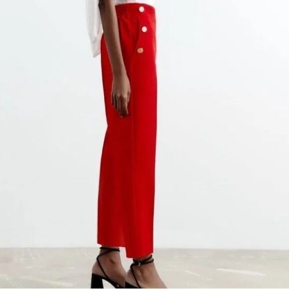 Red Straight Leg Pants With Gold Embellished Buttons - Never Worn | Women | Color: Red | Size: M Chic Red Bottoms For Party, Red Buttoned Bottoms For Work, Red Straight Leg Bottoms With Button Closure, Elegant Red Summer Bottoms, Red Workwear Pants With Button Closure, Red High Waist Bottoms With Button Closure, Red High-waist Bottoms With Button Closure, Chic Red Wide Leg Bottoms, Party Wide Leg Pants With Buttons