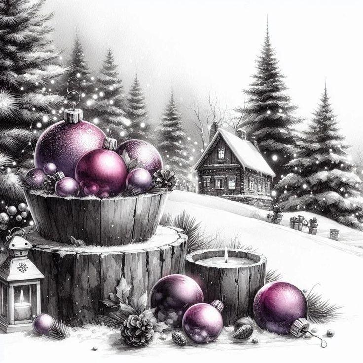 a drawing of christmas ornaments in a bucket on a snowy landscape with pine trees and a cabin