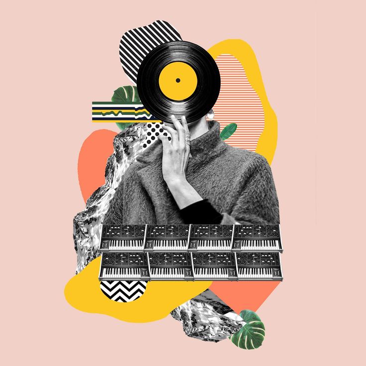 a person holding a record in front of their face, surrounded by music instruments and plants