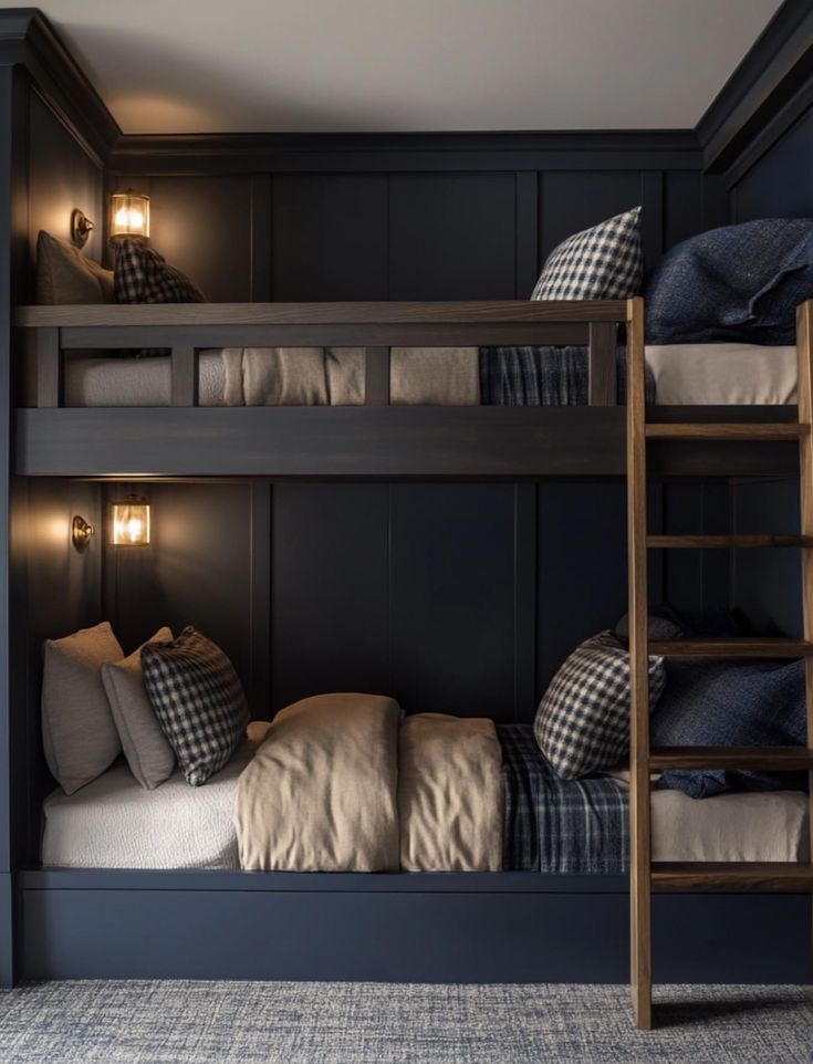 a bunk bed in a room with blue walls and pillows on the bottom bunk beds