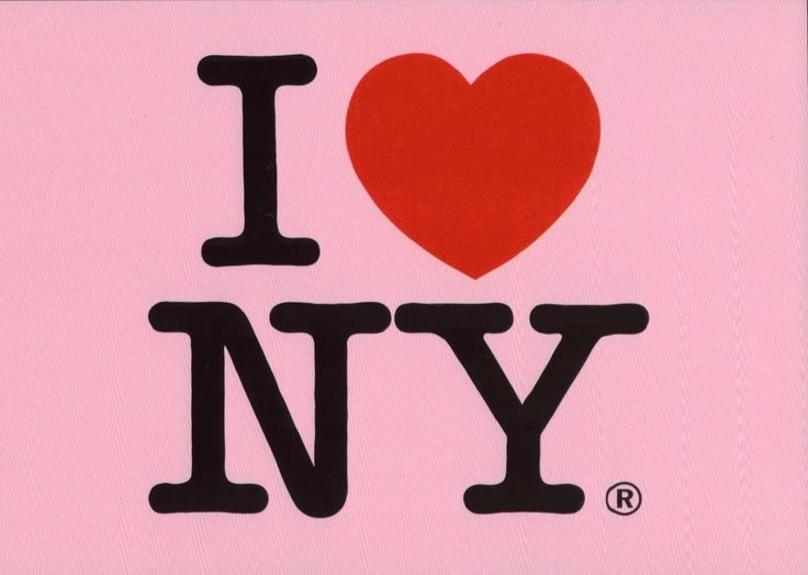 i love new york on a pink background with black letters and a red heart in the center