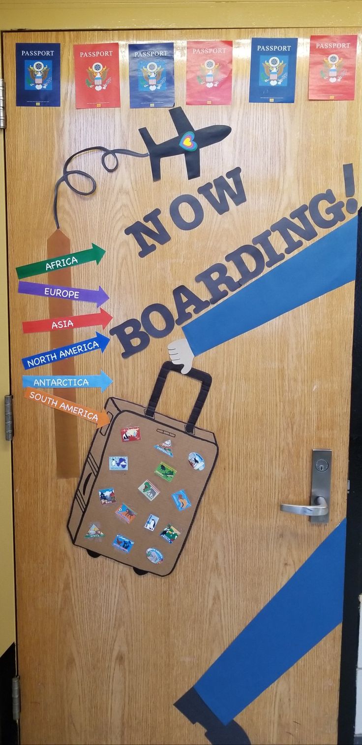 a door with stickers on it that says now boarding and has a suitcase attached to the front