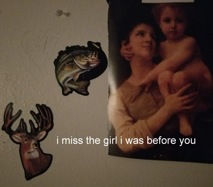 there are two pictures on the wall and one is holding a child with a fish