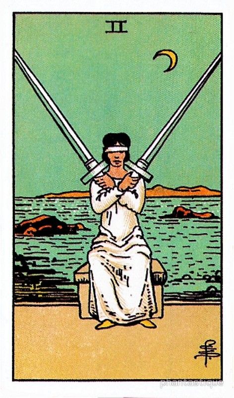 a tarot card with a man holding two swords