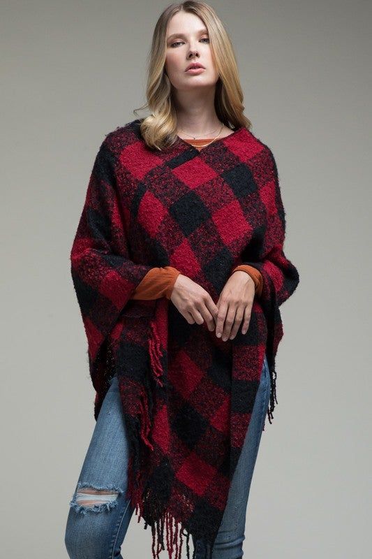 Adorable and cozy buffalo plaid poncho! The perfect throw on and go item to get you through the holidays! - 100% Acrylic - One size fits all Fall Poncho, Winter Poncho, Fringe Poncho, Plaid Poncho, Buffalo Check Plaid, Ladies Poncho, Wool Poncho, Fringed Poncho, Long Fringe