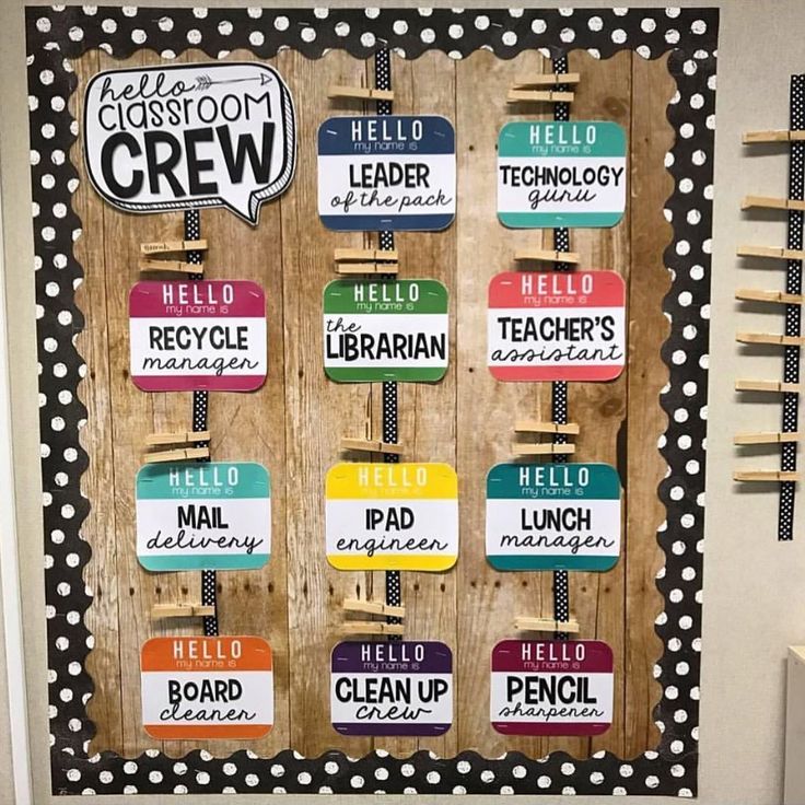 a bulletin board with several different colors and words on it that say hello classroom crew