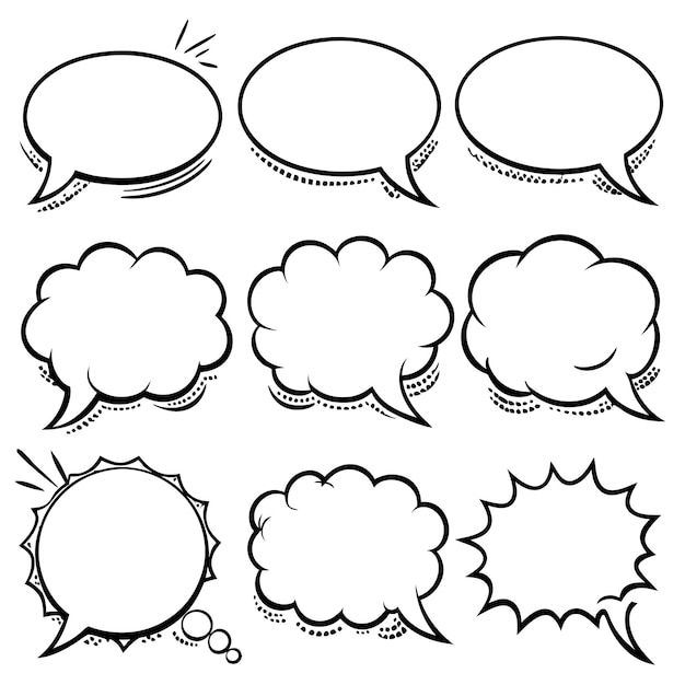 a set of comic speech bubbles with different shapes and sizes on white background stock photo