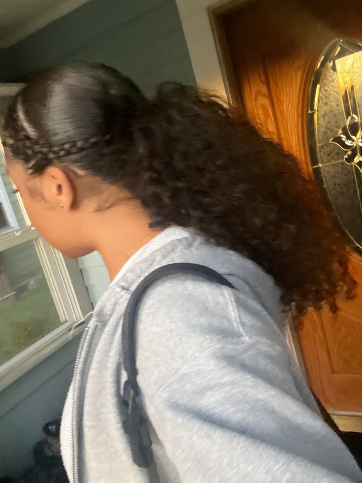 2 Braids And Curls, 2 Braids With Ponytail Natural Hair, 2 Braids Into A Ponytail Natural Hair, Natural Curls Ponytail, Two Braids Into Curly Ponytail, Curly Hair Braided Ponytail, Short Hair Curly Ponytail, Curly Softball Hairstyles, Ponytail Braid Curly Hair