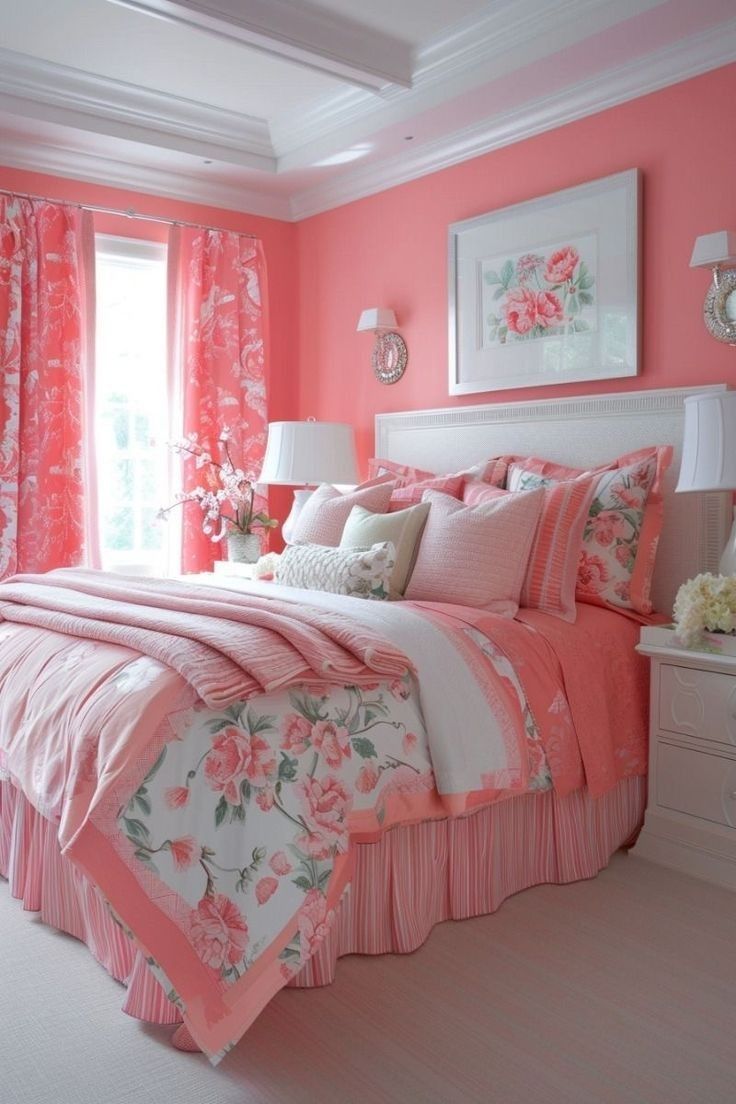 a bedroom decorated in pink and white with flowers on the bedspread, curtains, and pillows