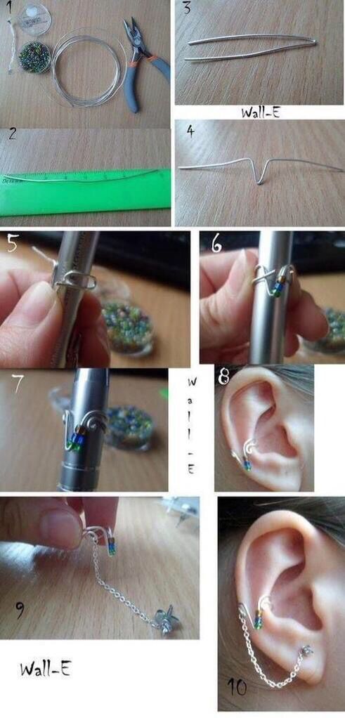 four pictures showing different parts of an ear being made from beads and wire, including the inside of a metal tube