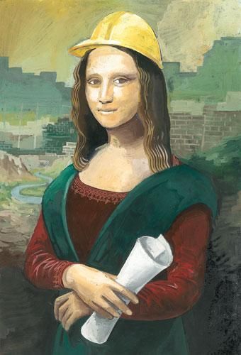 a painting of a woman wearing a hard hat and holding a piece of paper in her hand