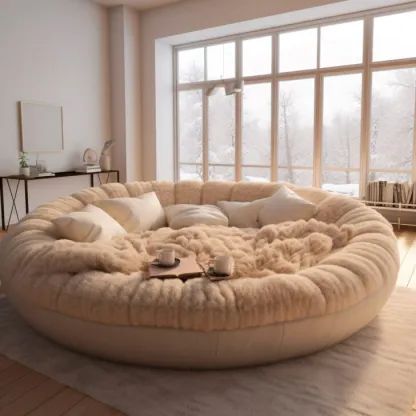 a living room with a large round couch in it