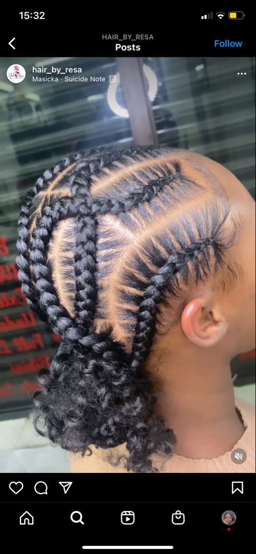 Stitch Braids With Blonde Ends, Braided Hairstyles Criss Cross, Cross Over Straight Back Braids, Stitch Braids Cornrows With Bun And Curls, Crossed French Braids, Four Braids Cornrow Criss Cross, Cute Feed In Braids Styles With Bun, French Braids With Individuals In The Back, Crisscross Braids For Black Women