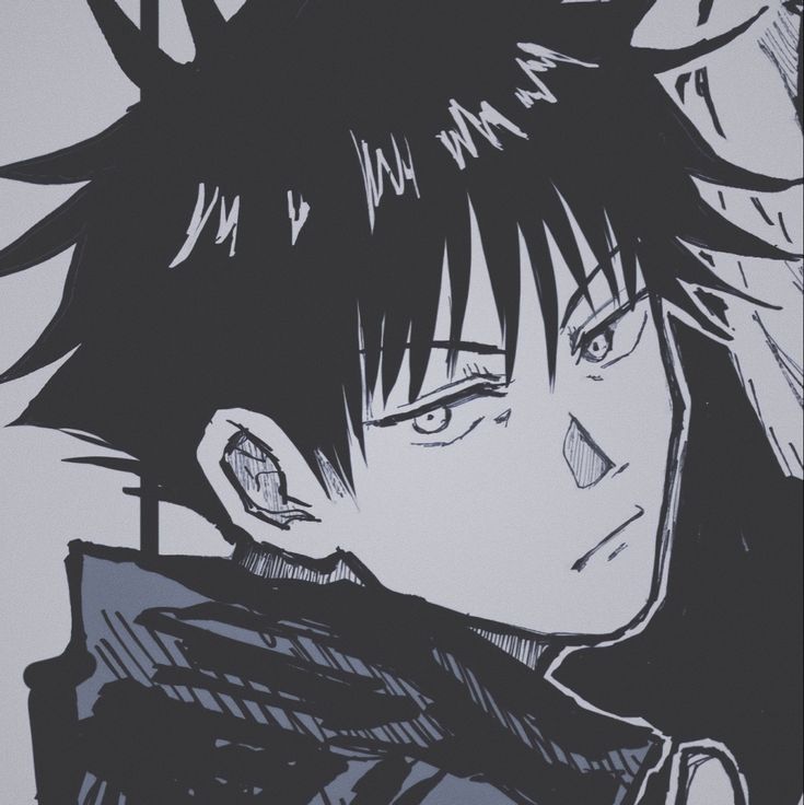 a black and white drawing of an anime character with spiked hair, wearing a jacket