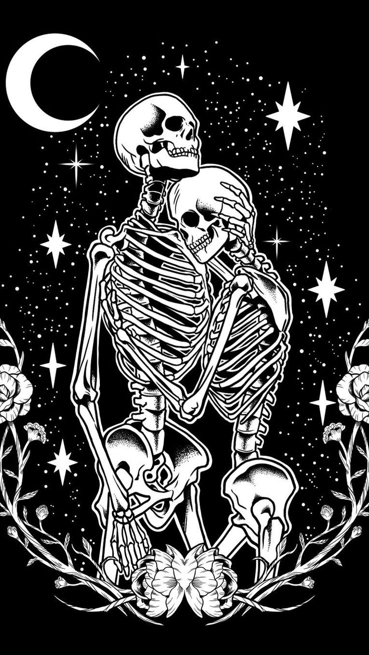 a black and white drawing of a skeleton sitting in the middle of flowers with stars around it