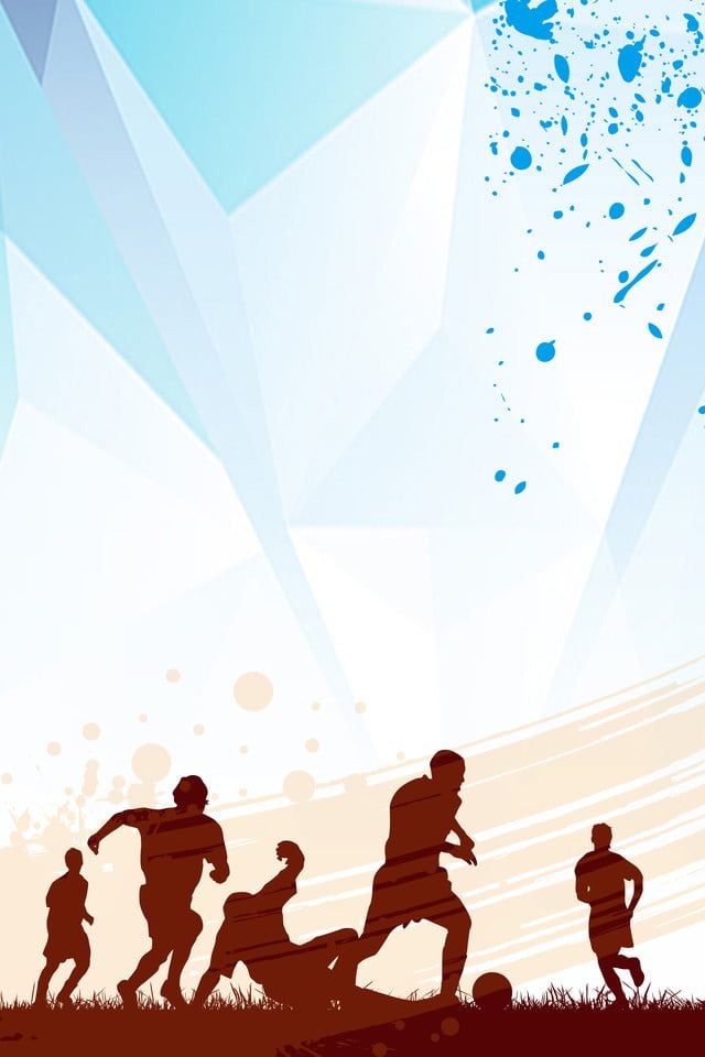 silhouettes of people playing soccer against a blue and white background with an abstract design