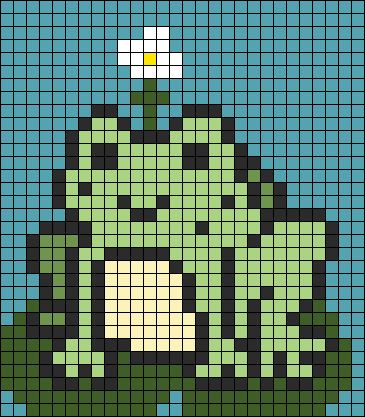 an image of a pixel art piece in the shape of a frog with a flower on its head