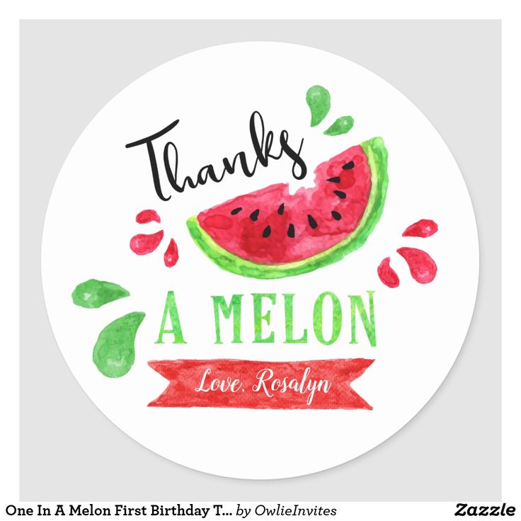 a watermelon sticker with the words, thanks and an image of a slice of