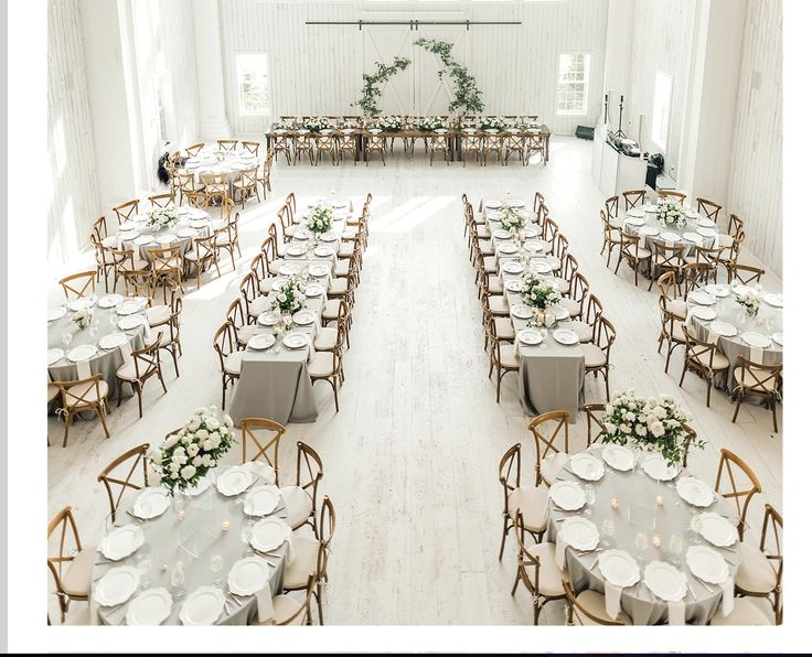 a large room with tables and chairs set up for a formal dinner or wedding reception