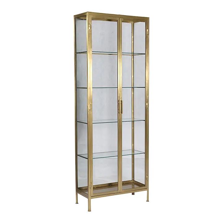 a glass display case with gold trimmings and two shelves on each side, in front of a white background