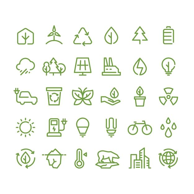 green icons on white background, including symbols for the environment and people in the area