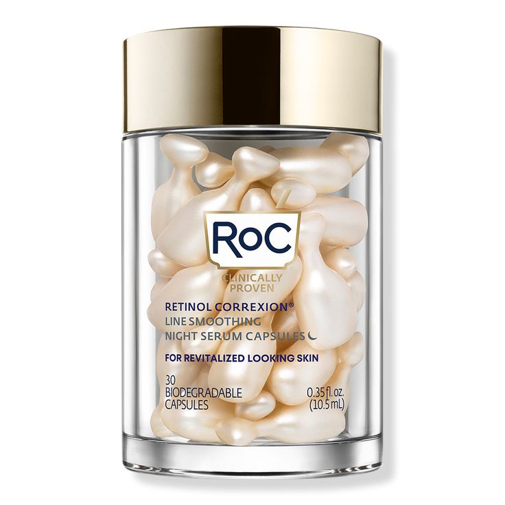 Retinol Correxion Line Smoothing Night Capsules - RTNL CRXN LN SMTHNG NGT SRM CPSLSBenefitsMade with pure RoC Retinol + a Bio-Derived antioxidantRoC's serum is sealed tight in a capsule for optimal Retinol freshness and potencyEach capsule is designed to rival prescription skincare without the irritation; 100% of testers had 0% irritationDermatologist testedEach vegetal-based capsule is 100% BiodegradableClinically ProvenFeaturesPure RoC RetinolAntioxidantsFragrance-freeResearch ResultsIN 1 NIGH Skin Treatments Ulta Beauty, Deep Wrinkles Ulta Beauty, Youth To The People Retinal, Best Anti Aging Skin Products Ulta Beauty, Best Skincare For Aging Skin, Skincare For Anti Aging, Best Antiaging Skincare, Roc Skincare, Roc Retinol Correxion