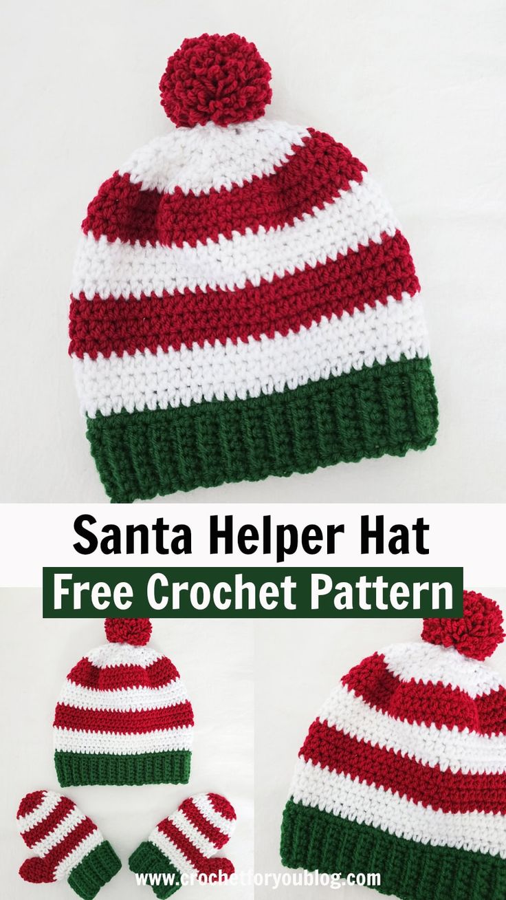 a crocheted santa hat with two matching mittens and one beanie is shown in three different colors