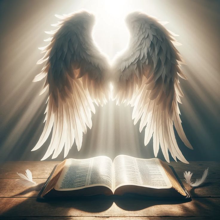 an open book with angel wings on it sitting on a table in front of the light