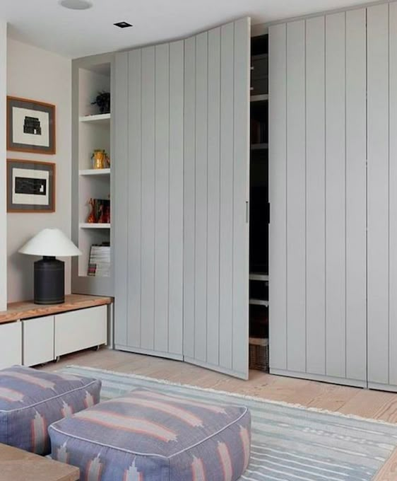 a living room filled with furniture and lots of closet space next to a wall mounted bookcase