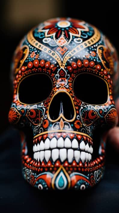 a hand holding a colorful painted skull