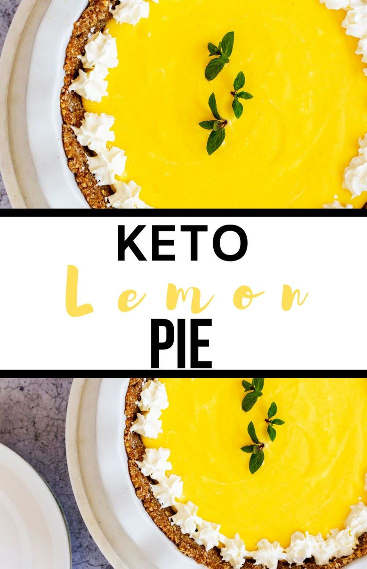 two pies on plates with the words keto lemon pie