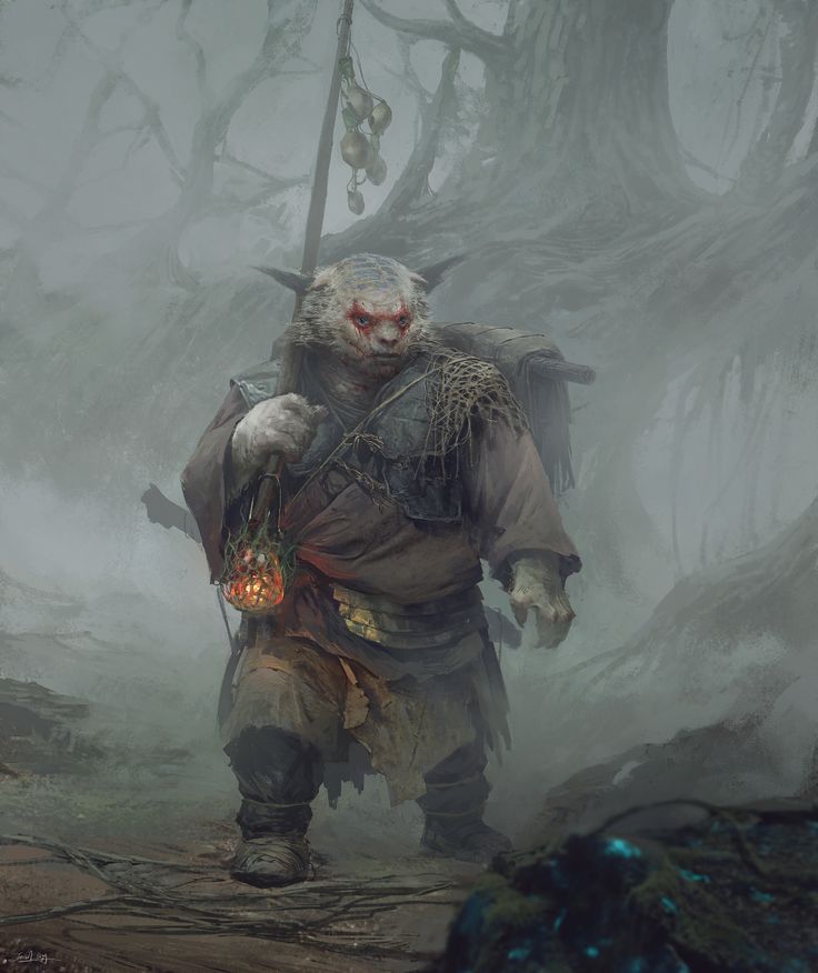 an evil looking man walking through the woods