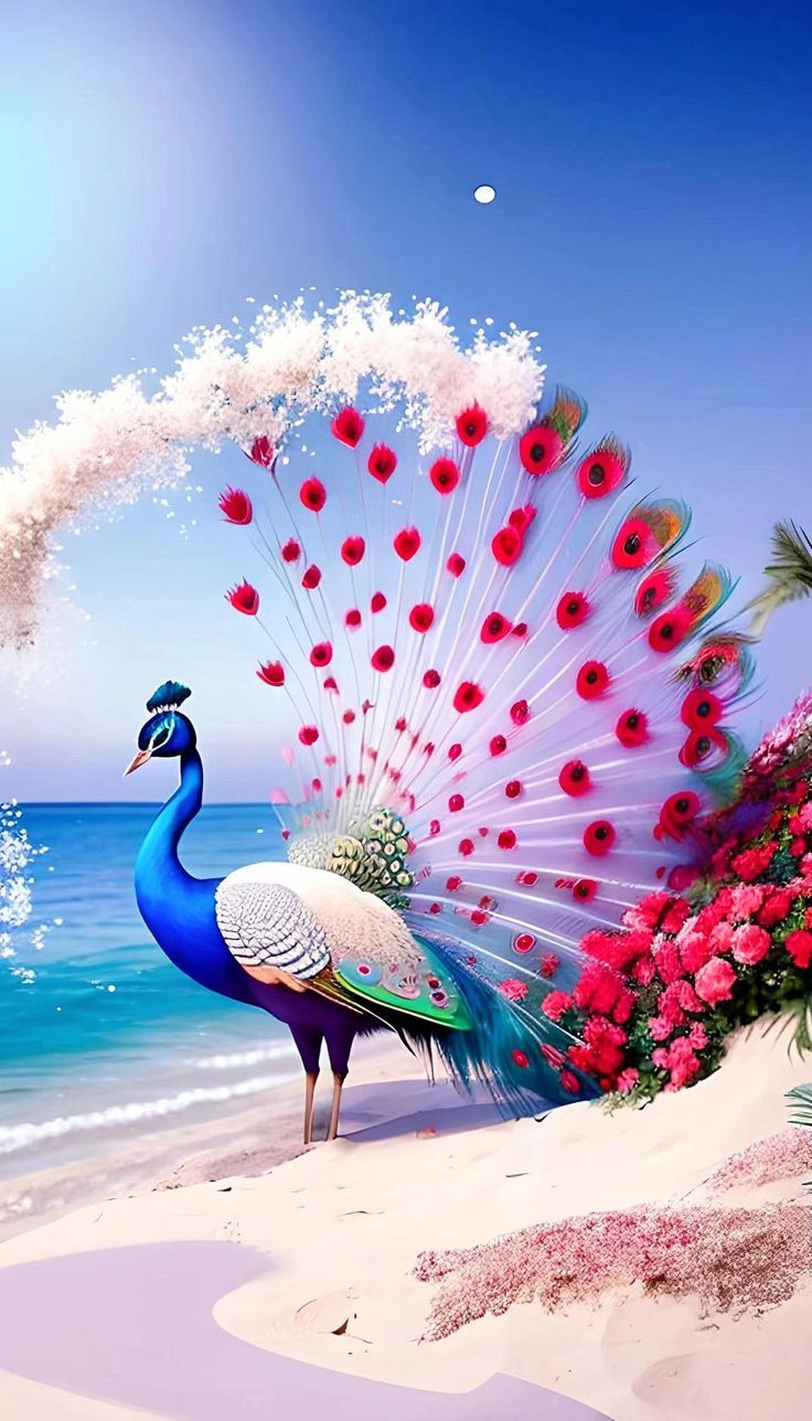 a peacock standing on top of a sandy beach next to the ocean with red flowers