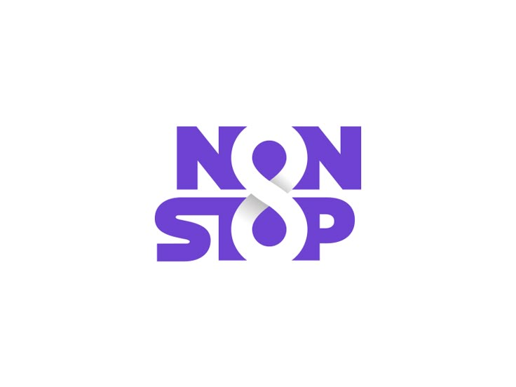 the logo for no and stop is shown in purple on a white background with an arrow