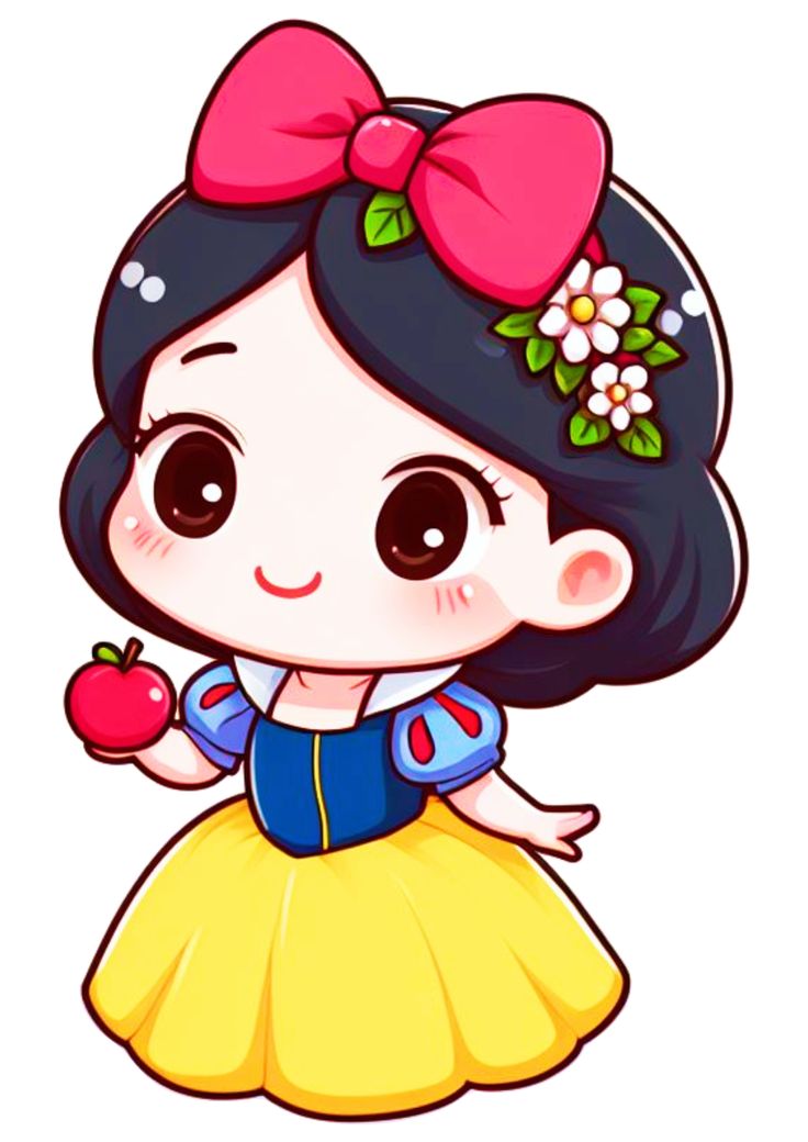 snow white with an apple in her hand and a bow on her head, she is wearing