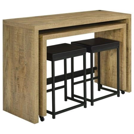 three stools and a table are shown in this image