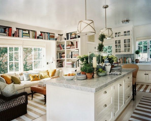 a kitchen with an island and lots of bookshelves