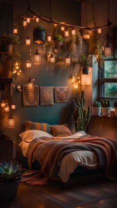 a bedroom with lights hanging from the ceiling and potted plants on the wall next to the bed