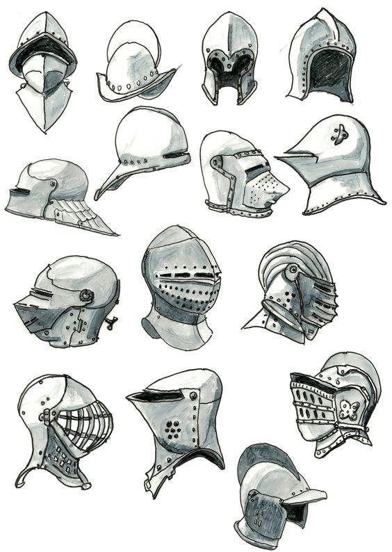 several different types of helmets are shown in black and white