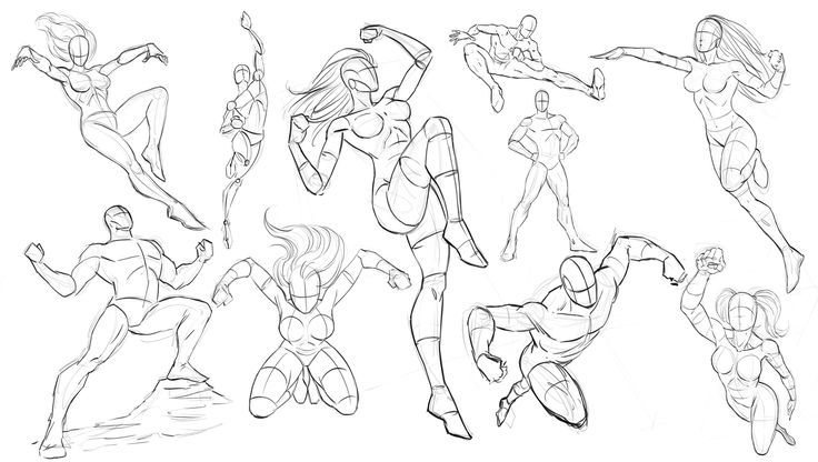 an image of some people doing different things in the style of superheros, with their arms and legs spread out