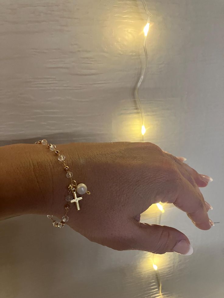 Pearl Rosary Bracelet, Gold Cross Bracelet, Matching Cross Bracelets, Elegant Pearl Rosary Bracelet Gift, Pearl Cross Bracelet, Jesus Bracelet, Elegant White Cross Bracelets, Faith Bracelet, Christian Bracelets