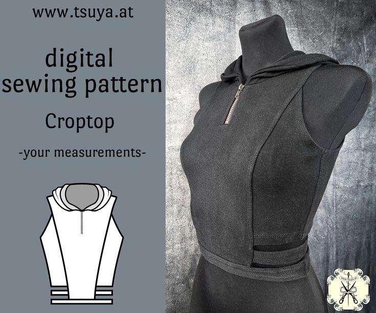 a sewing pattern for a crop top with zippers on the front and side, in black